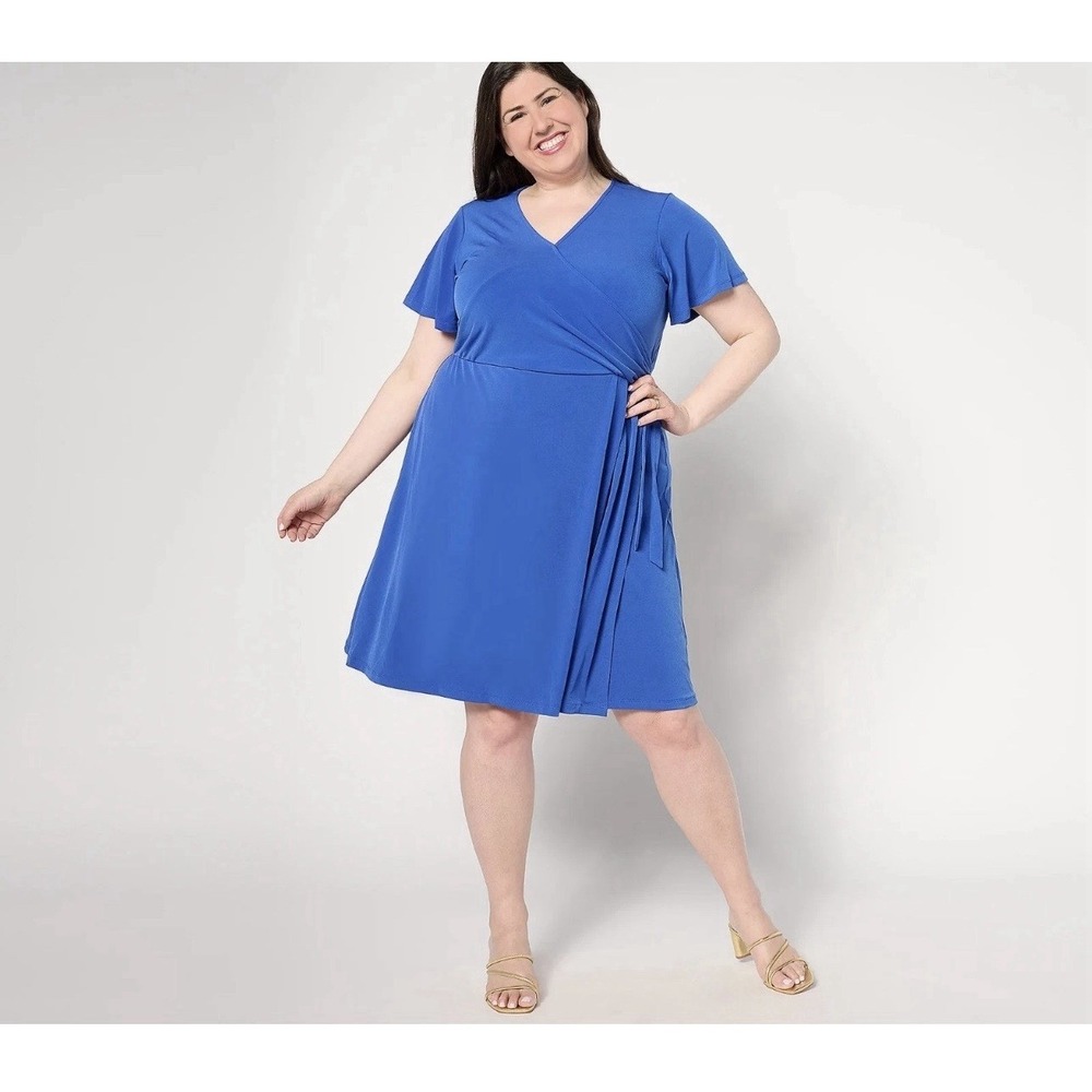 Susan Graver Petite Liquid Knit Faux Wrap Dress Blue Sz PM Career
